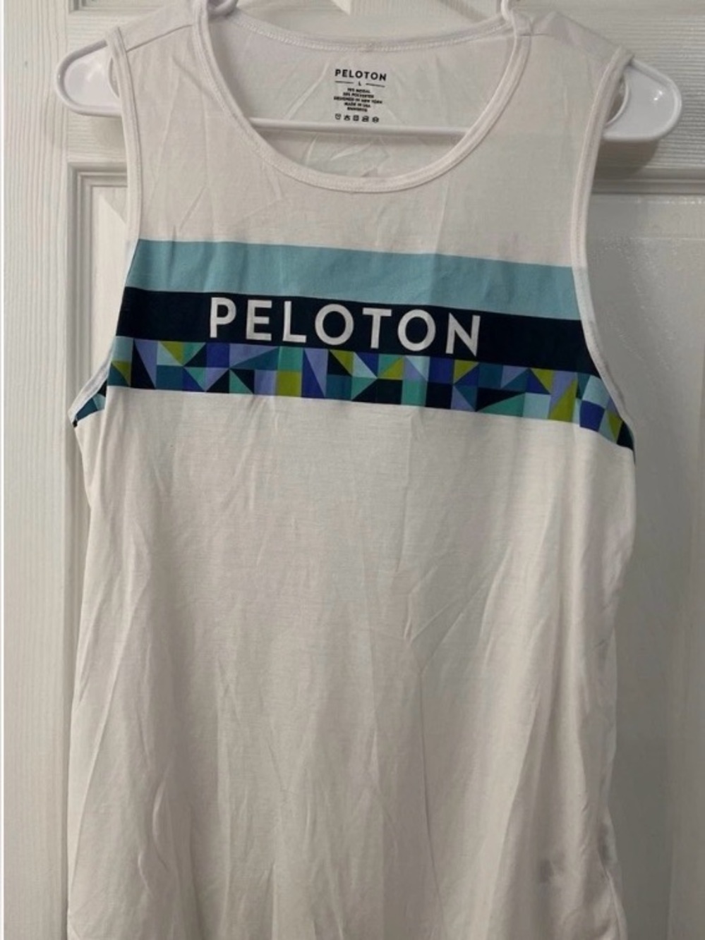 Peloton White Tank with Teal & Navy Geo Stripe